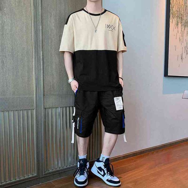 

patchwork tracksuit men short sleeve set fashion clothing sportswear casual clothes for 2 piece 2022 brand new, Gray