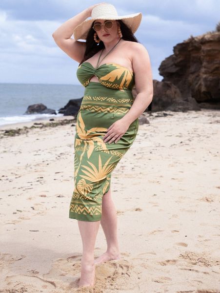 

plus tropical print split thigh halter neck dress n61q#, Black