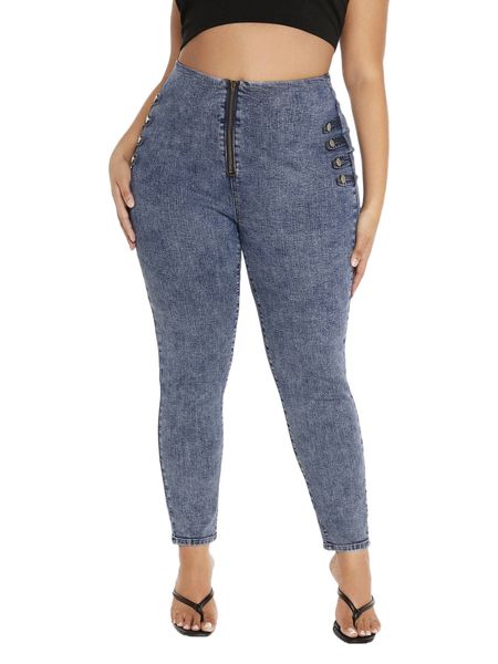 

plus high waist button detail skinny jeans 96hb#, Blue