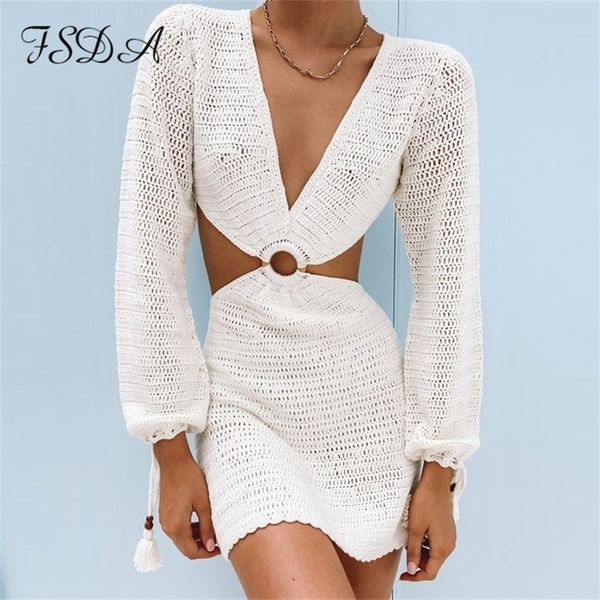 

fsda knit stripe long sleeve dress beach backless summer hollow out women v neck party mini dresses casual white 220809, Black;gray