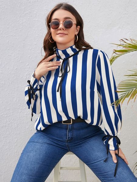 

plus vertical striped high neck flounce sleeve knot detail blouse o3hk#, Black