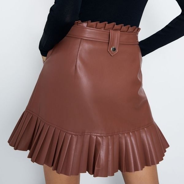 

fandy lokar pleated faux leather fashion tie belt waist pockets skirt women elegant mini skirts female ladies hz y200326, Black