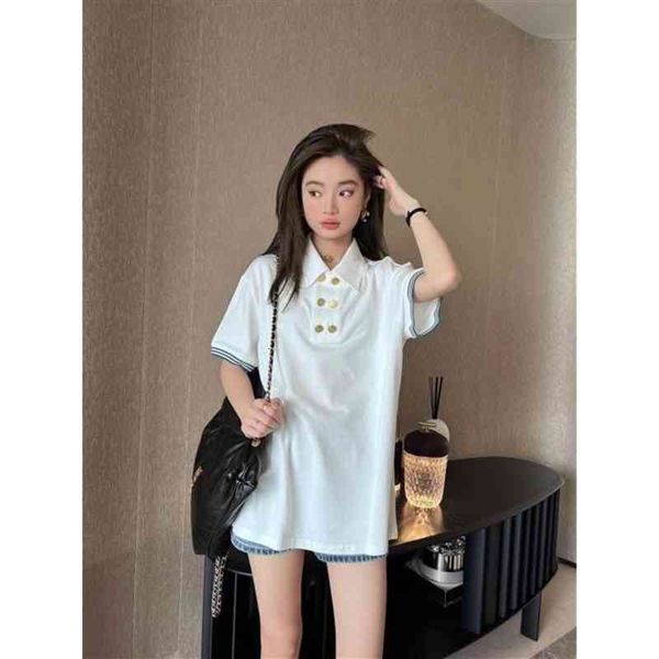 

women's t-shirt chaopai spring and summer fashion double row gold buckle temperament shows thin lapel short sleeve medium long polo wom, White