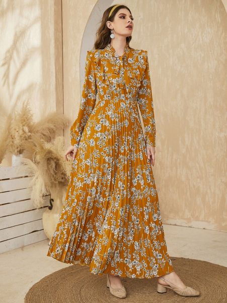 

floral print pleated hem tie neck dress k5cp#, Black;gray