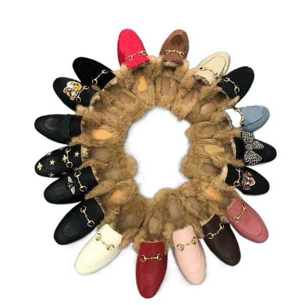 

2022 designer slippers princetown slipper men women autumn winter wool loafers classic metal buckle embroidery shoes luxury pattern lazy sli, Black