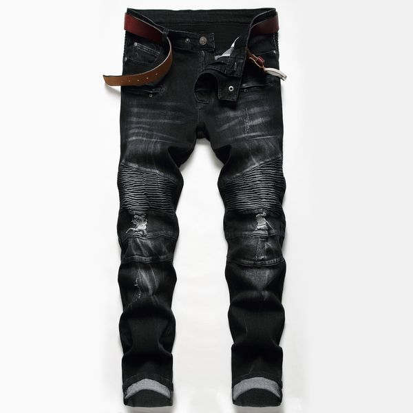 

ripped jeans distressed pants men slim fit design straight biker big size motocycle men's hip hop trousers for male 28-40, Black;brown