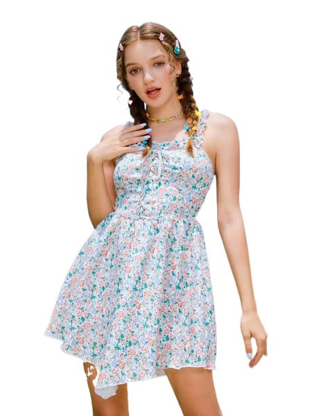 

romwe y2k revival ditsy floral print bow front frill dress h6v1#, Black;gray