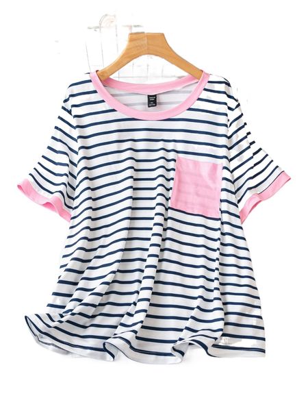 

plus striped contrast trim patched pocket tee 111z#, Black