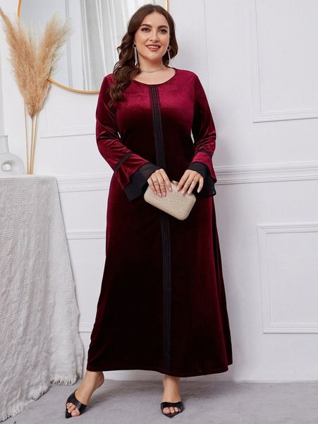 

plus flounce sleeve contrast tape velvet dress y2ek#, Black