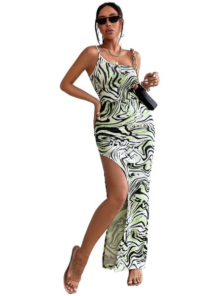 

tiger skin print one shoulder split thigh dress w7bv#, Black;gray