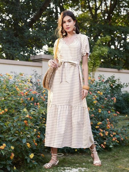 

striped puff sleeve ruffle hem belted dress j5pa#, Black;gray