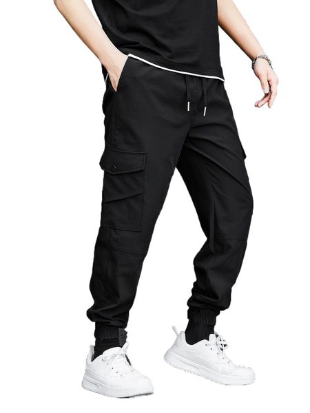 

men flap pocket side drawstring waist cargo pants 7303#, Black