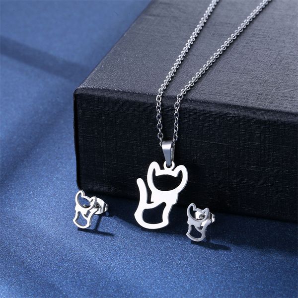 

lovely hollow cat couple sweater chain silver color spring summer necklace pendant hip hop stud earrings set women jewelry gift