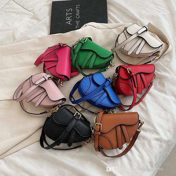 

luxury baby girls princess handbags children candy colors pu leather saddle bag kids one shoulder crossbody bags women mini purse f1301, Black