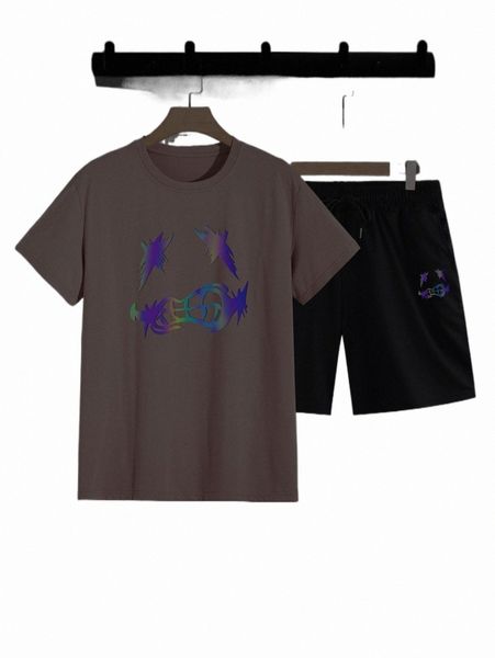 

men reflective expression print tee & drawstring waist shorts s9um#, Gray