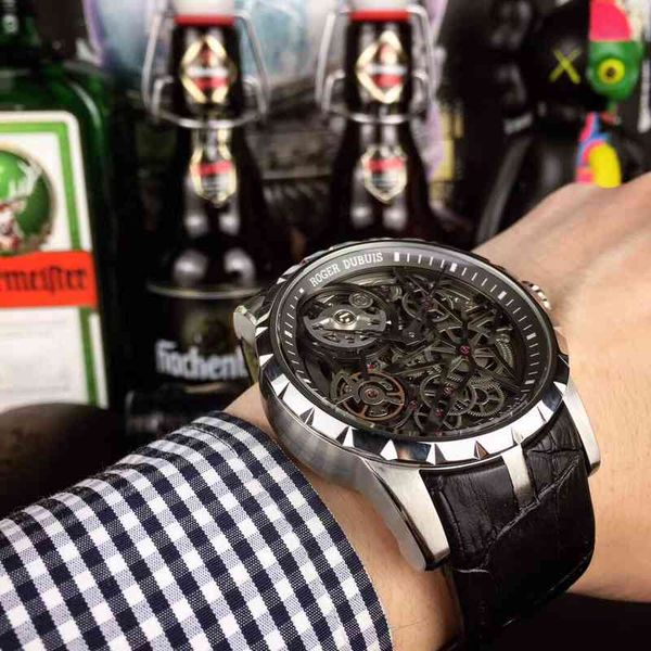 

roge dubui excalibur automatic chain movement, case: 46 mm pirelli rubber strap with dual flying wheels perforated technology to achieve ryn, Slivery;brown