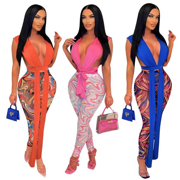 

wholesale women tracksuits mesh two piece set deep v neck bandage hollow out +print pants matching set see through night club wear bulk 7319, Gray