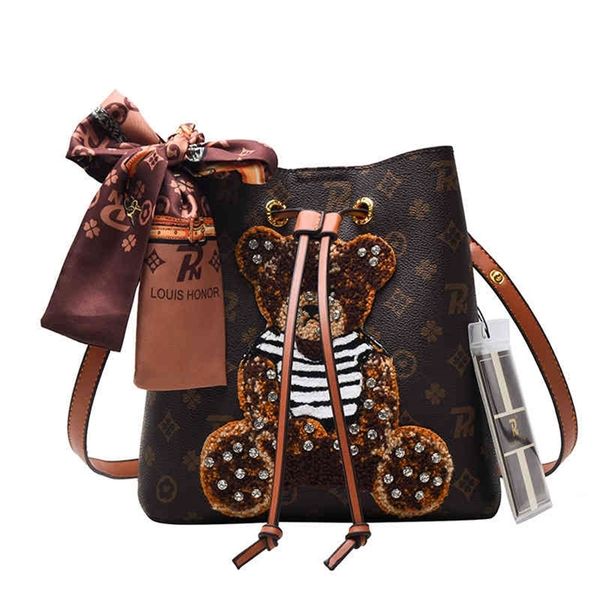 

68% off quality glory diamond studded bear bucket with silk scarf new fashion versatile minority one shoulder bag high sense