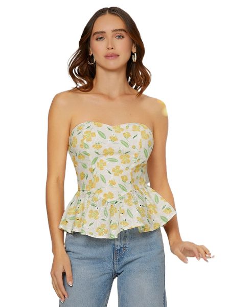 

allover floral print shirred back ruffle hem tube 31yj#, White