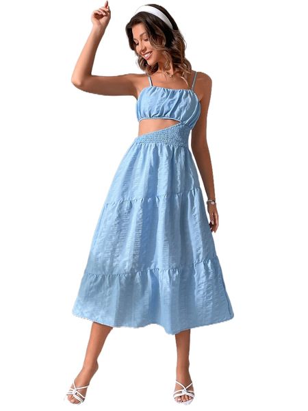 

ruched bust cut out shirred ruffle hem cami dress 06vc#, Black;gray