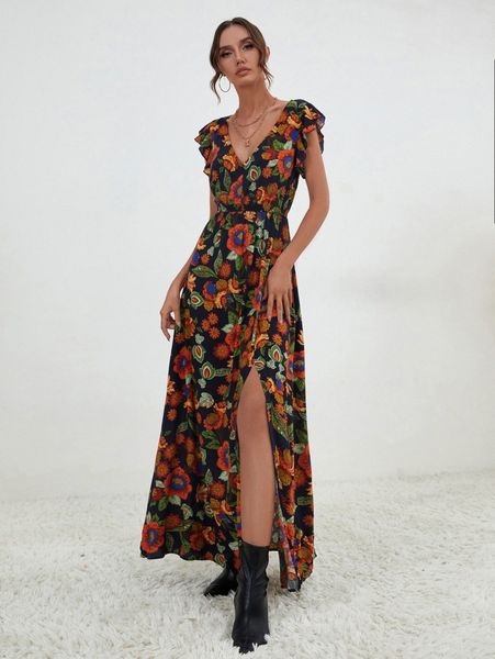 

floral print ruffle trim split thigh dress without belt i5po#, Black;gray
