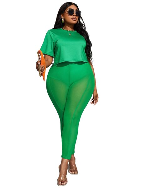 

sxy plus tee & panty insert mesh leggings d9ez#, Black