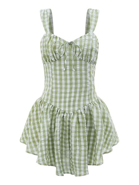 

gingham ruched bust knotted front asymmetrical ruffle hem dress n91m#, Black;gray