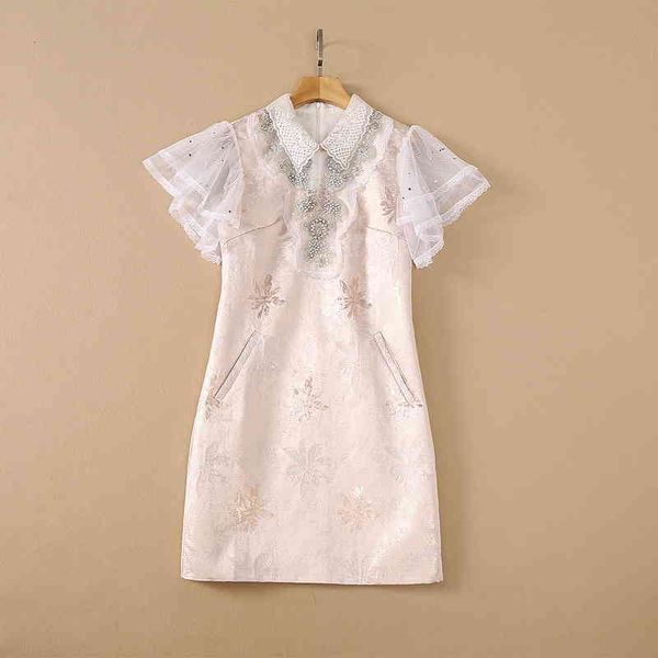 

casual dresses dress spring and autumn heavy-duty pearl diamond bright silk jacquard loose waist flying sleeve dress 9rio, Black;gray