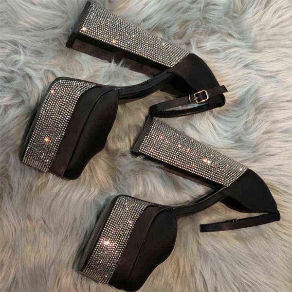 

ultra high heel platform sandals for women summer personality solid color with rhinestone decorated silk fabrics upper shoes 220711, Black