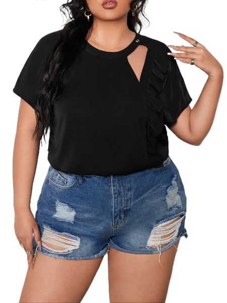 

plus ruffle trim cut out blouse y2zf#, Black