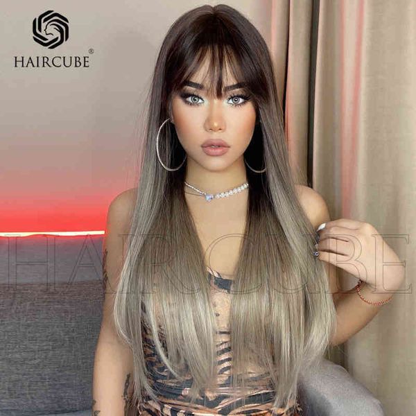 

synthetic wigs new girls' wig dyed chocolate long straight hair light bangs high temperature silk synthetic fiber 220531, Black
