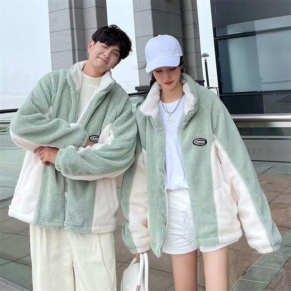 

women fashion couple patchwork lamb wool coats autumn winter fashion zipper jackets sweety loose oversized outerwear 220817, Black;brown