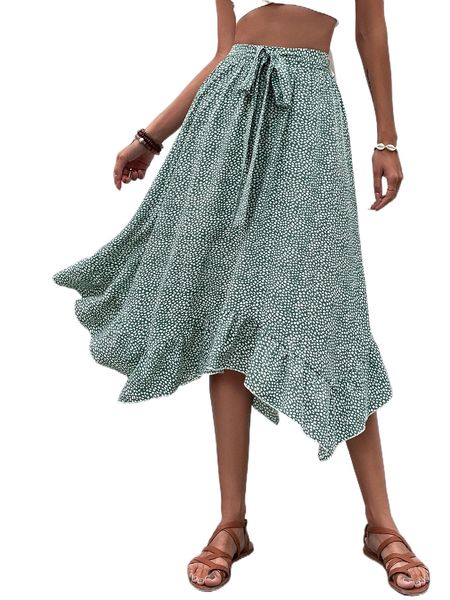 

allover print hanky hem belted skirt y4u3#, Black