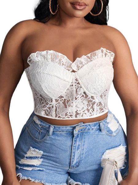 

sxy plus frill trim bustier lace tube e3ij#, Black