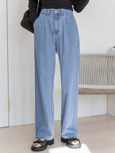 

dazy solid slant pocket straight leg washed jeans i59o#, Blue