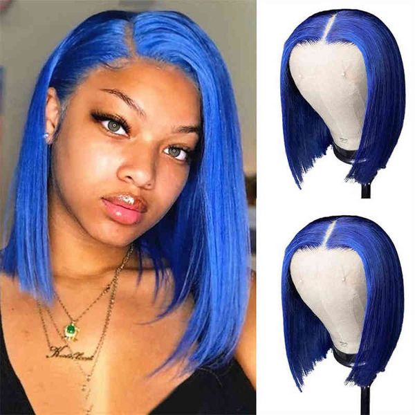 

hair wigs blue bob brazilian human straight blunt cut short with baby 13x4 lace frontal 220722, Black
