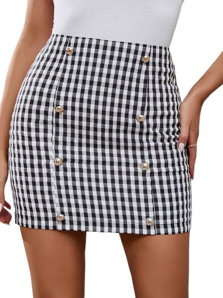 

gingham fake button bodycon skirt i27r#, Black