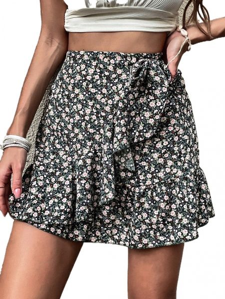 

ditsy floral ruffle hem tie side wrap skirt 08jc#, Black