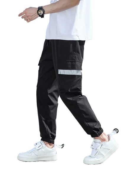 

men contrast panel drawstring waist cargo pants 2589#, Black