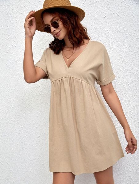 

solid v neck smock dress 644g#, Black;gray