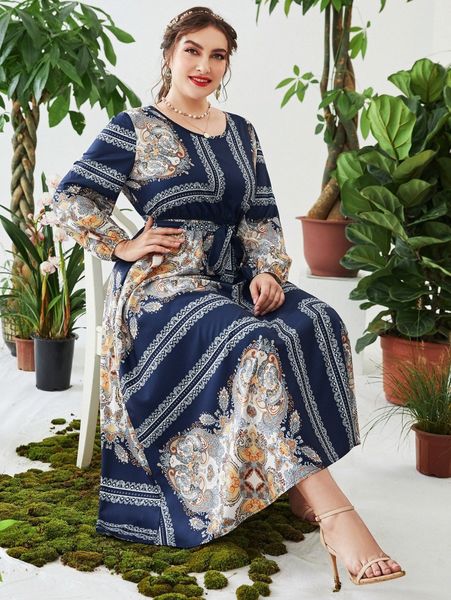 

plus random paisley scarf print lantern sleeve belted dress z8uu#, Black