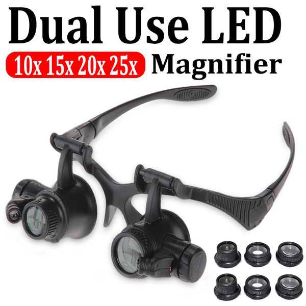 

led light glasses magnifier jewelry 10x 15x 20x 25x watchmaker headband optical lens glass loupe magnifying glass lupa