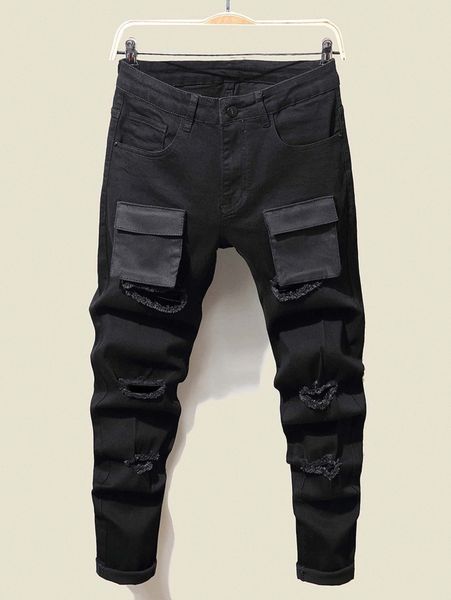 

men flap pocket ripped cargo jeans c3ft#, Blue