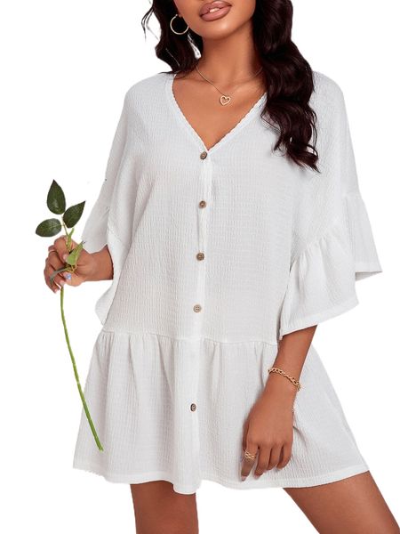 

flounce sleeve ruffle hem lounge m5l7#, Black;red