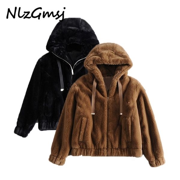 

nlzgmsj za winter jacket women faux fur thick coats jacket loose long sleeves pocket ladies elegant autumn winter coat 201210, Black;brown