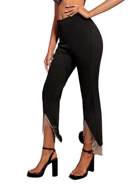 

asymmetrical fringe detail hem pants m4o7#, Black;white
