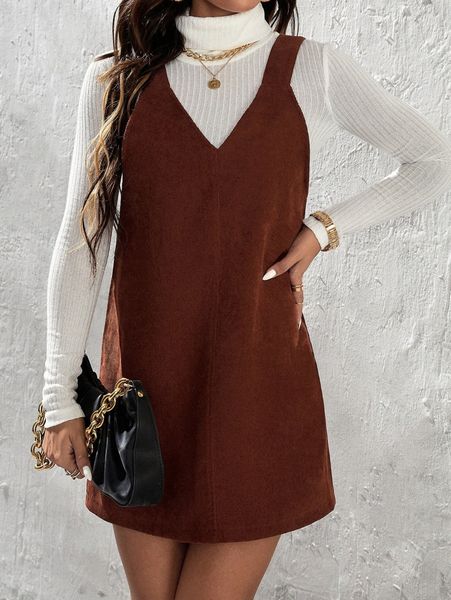 

petite solid corduroy overall dress without sweater t57r#, Black;gray