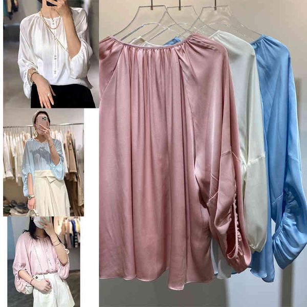 

women's polos p275350 bag button lantern sleeve loose round neck blouse for women, White