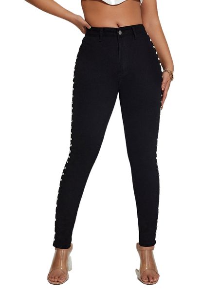 

high waisted beaded skinny jeans c2zr#, Blue