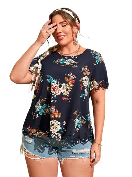 

plus floral print laser cut out blouse o2v9#, Black
